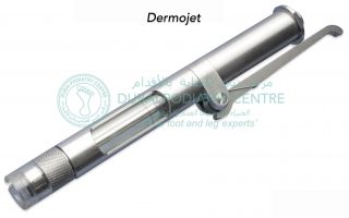 Dermojet device used for plantar wart treatment, showing a needle-free high-pressure injector designed to deliver medication into deep verrucas on the sole of the foot.