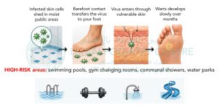 Infographic showing how plantar warts develop: infected skin cells spread in moist public areas, barefoot contact transfers the virus, it enters through small breaks in the skin, and a wart forms over months. High-risk areas listed include swimming pools, gym changing rooms, communal showers, and water parks, with related icons.