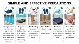 Infographic titled “Simple and Effective Precautions” showing ways to prevent plantar warts, including wearing water shoes in public wet areas, keeping flip-flops nearby, avoiding walking barefoot, wearing flip-flops in public showers, standing on a clean towel in communal areas, and rinsing and drying feet thoroughly.