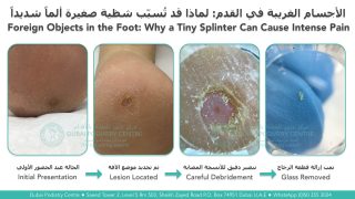 Glass splinter removed from the sole of the foot following assessment and careful debridement at Dubai Podiatry Centre