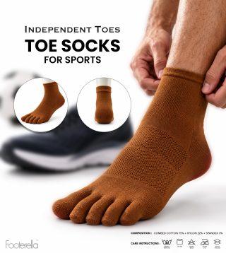Promotional image of a brown five-toe sports sock, with side and heel views inset and a blurred athletic shoe and football in the background