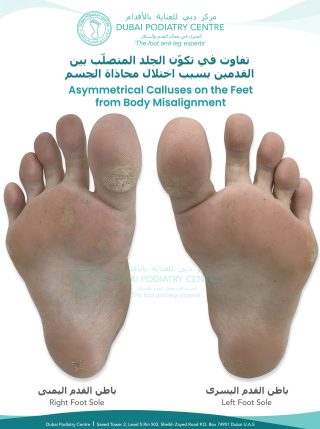 Right and left foot soles showing uneven calluses and hard skin beneath the big toes, more pronounced on the right foot